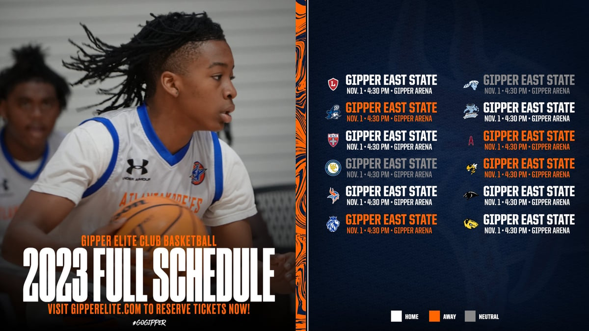 navy & orange basketball schedule graphic showing a basketball player in action, with graphic content communicating dates for games