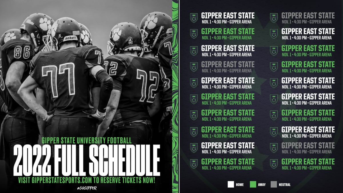 green & black football schedule graphic showing a football team huddled up, with graphic content communicating when the games are