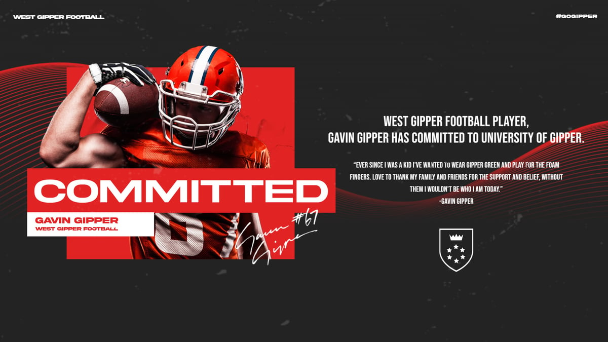 red & black football commitment graphic showing a football player flexing, with graphic content communicating his commitment to play at the next level