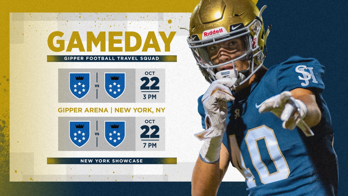 navy & gold football gameday graphic showing a football player pointing, with graphic content communicating the game info