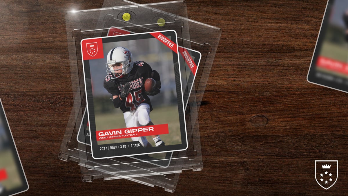 red football card mock up graphic showing a football player in action, with graphic content communicating his stats