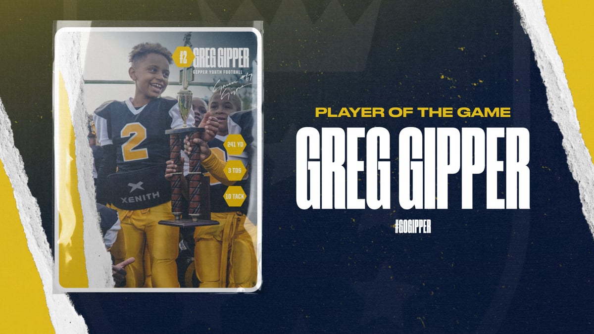 navy & gold football player of the game graphic showing a football player with trophy, with graphic content celebrating him