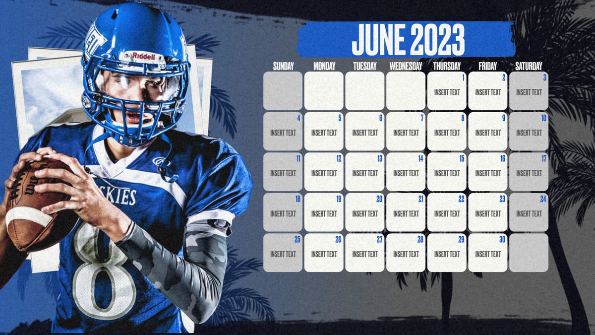 blue football schedule graphic showing a football player in action, with graphic content communicating when games are