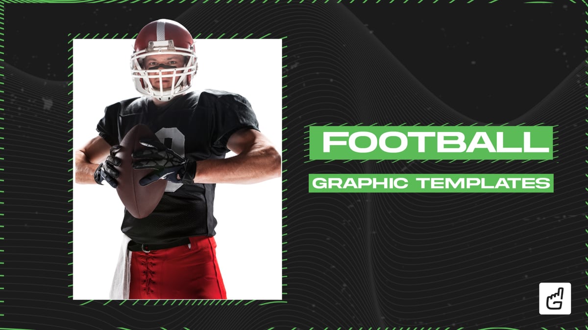 green and black football graphic template thumbnail with posed football player, directing users to football templates.
