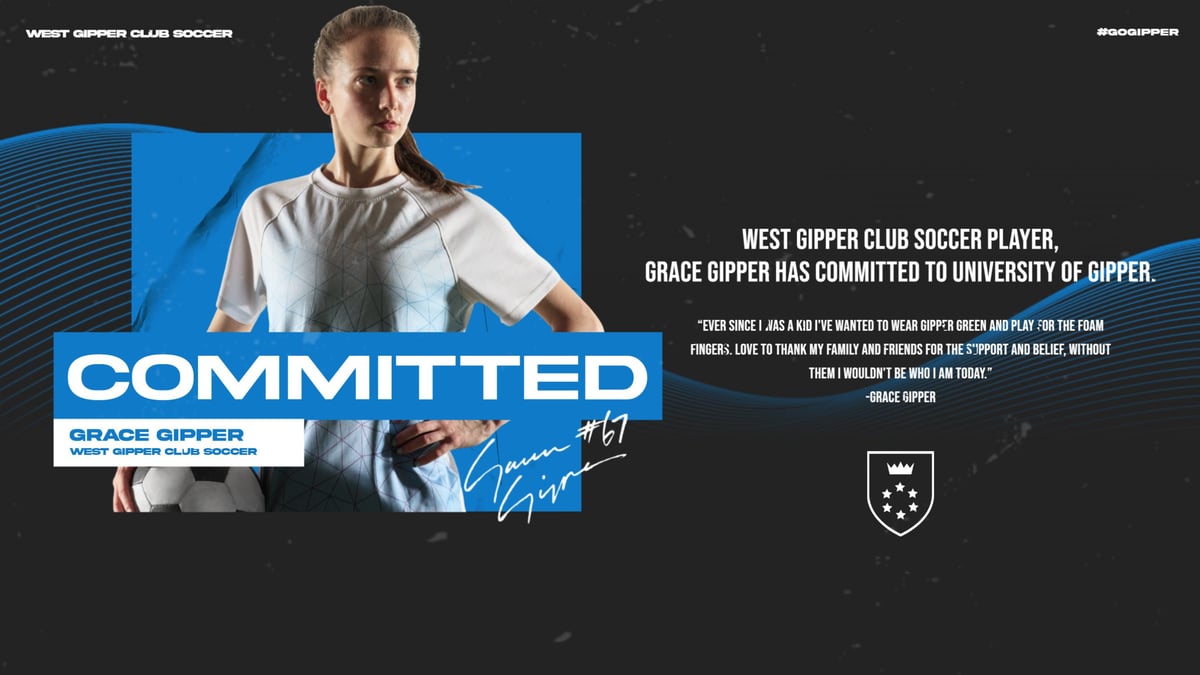 black and blue soccer commitment graphic showing a soccer player posed, with graphic content communicating where the player is committed to.