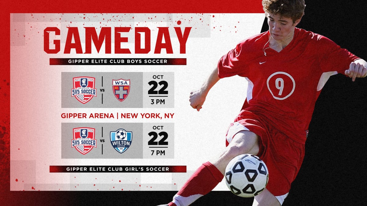 red soccer gameday graphic showing a soccer player in action, with graphic content communicating details about the match