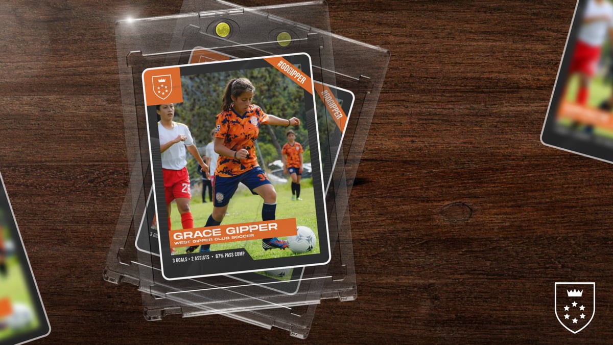Soccer card mock up showing soccer player in action, with graphic content communicating stats from the game