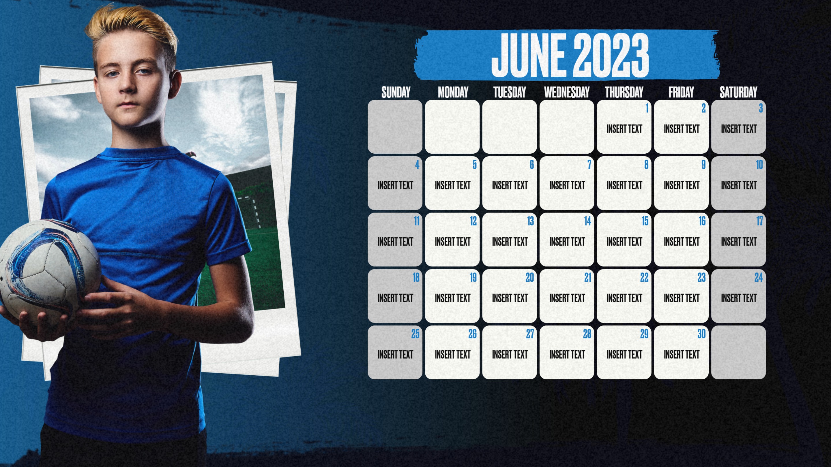 blue soccer schedule graphic showing a soccer player posed, with graphic content communicating when soccer games will be played that month