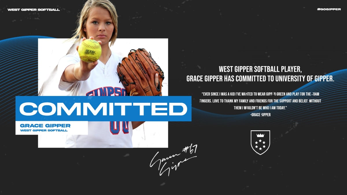 blue softball commitment graphic showing a softball player in action, with graphic content communicating where she is being recruited to play
