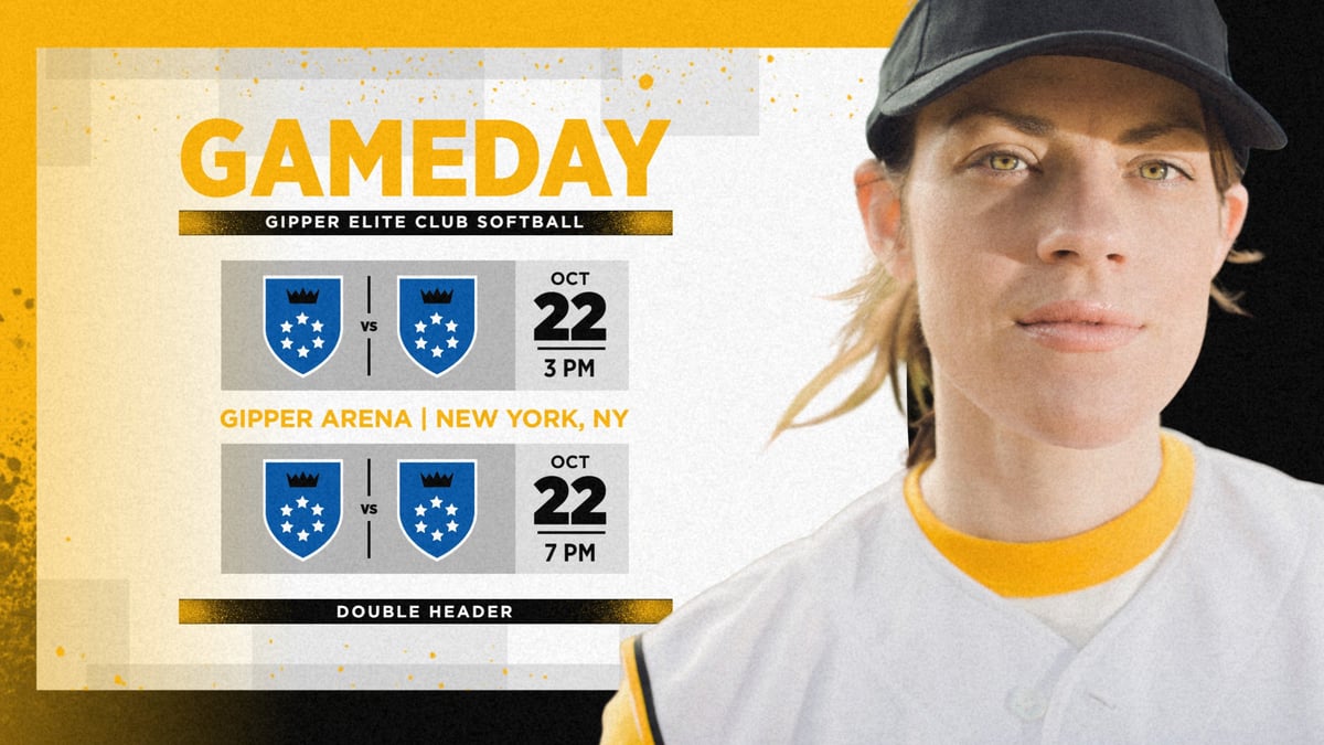 yellow and black softball gameday graphic showing a softball player in action, with graphic content communicating info from the game