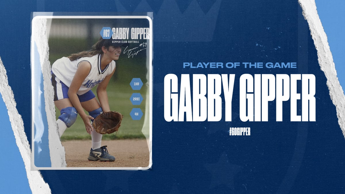 blue softball player of the game graphic showing a softball player in action mocked up in a softball card with stats