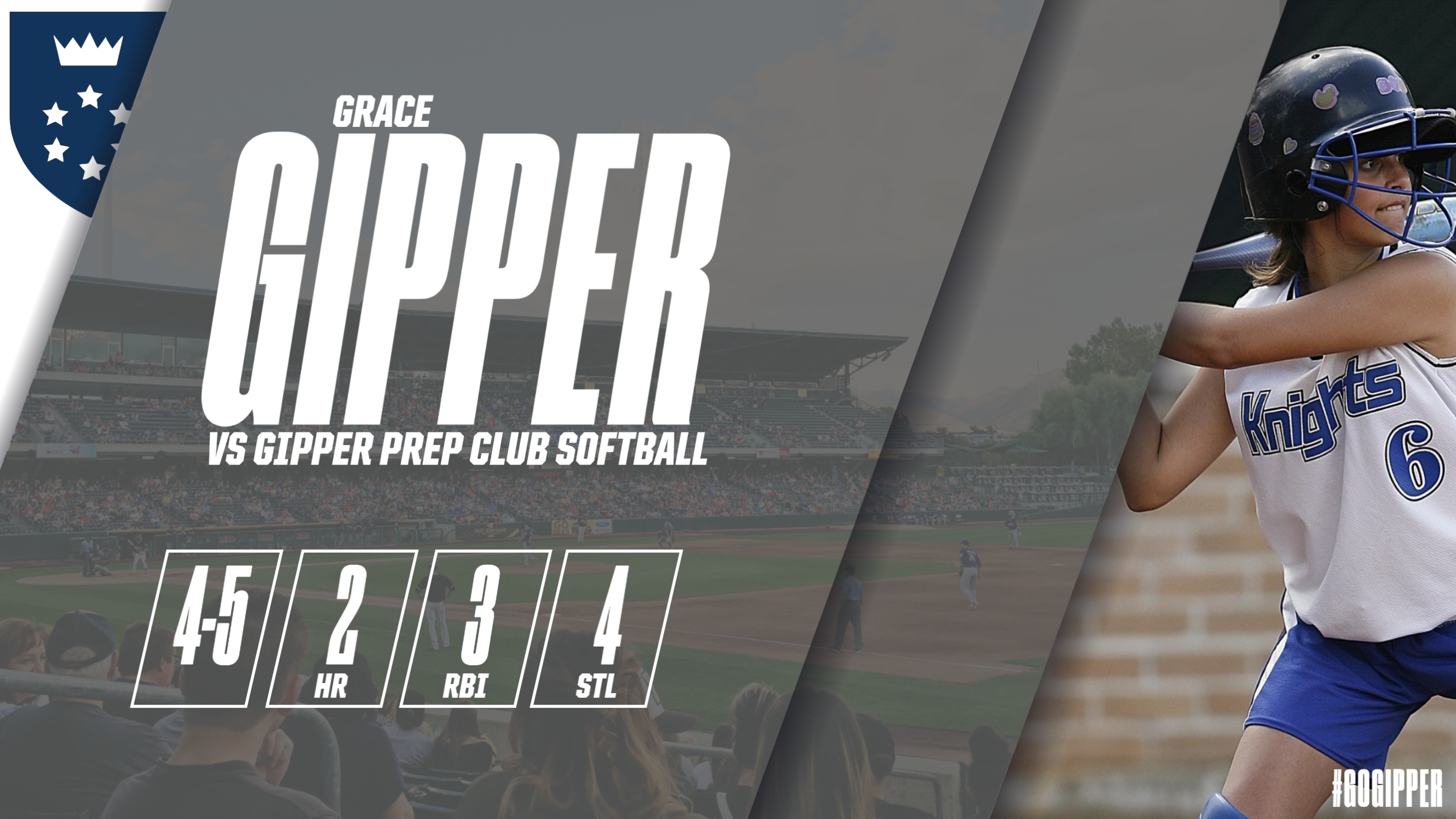 grey softball stat graphic showing a softball player in action, with graphic content communicating stats from the game