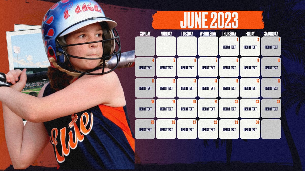 orange & blue softball stat graphic showing a softball hitter posed, with graphic content communicating details about games