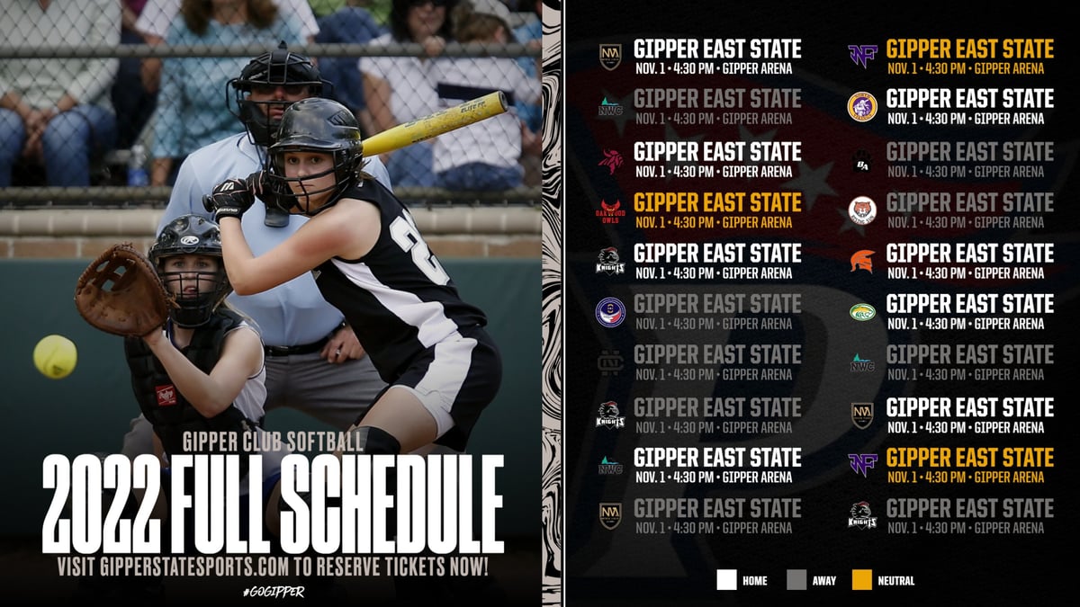 black & yellow softball schedule graphic showing a softball player in action, with graphic content communicating details about the games