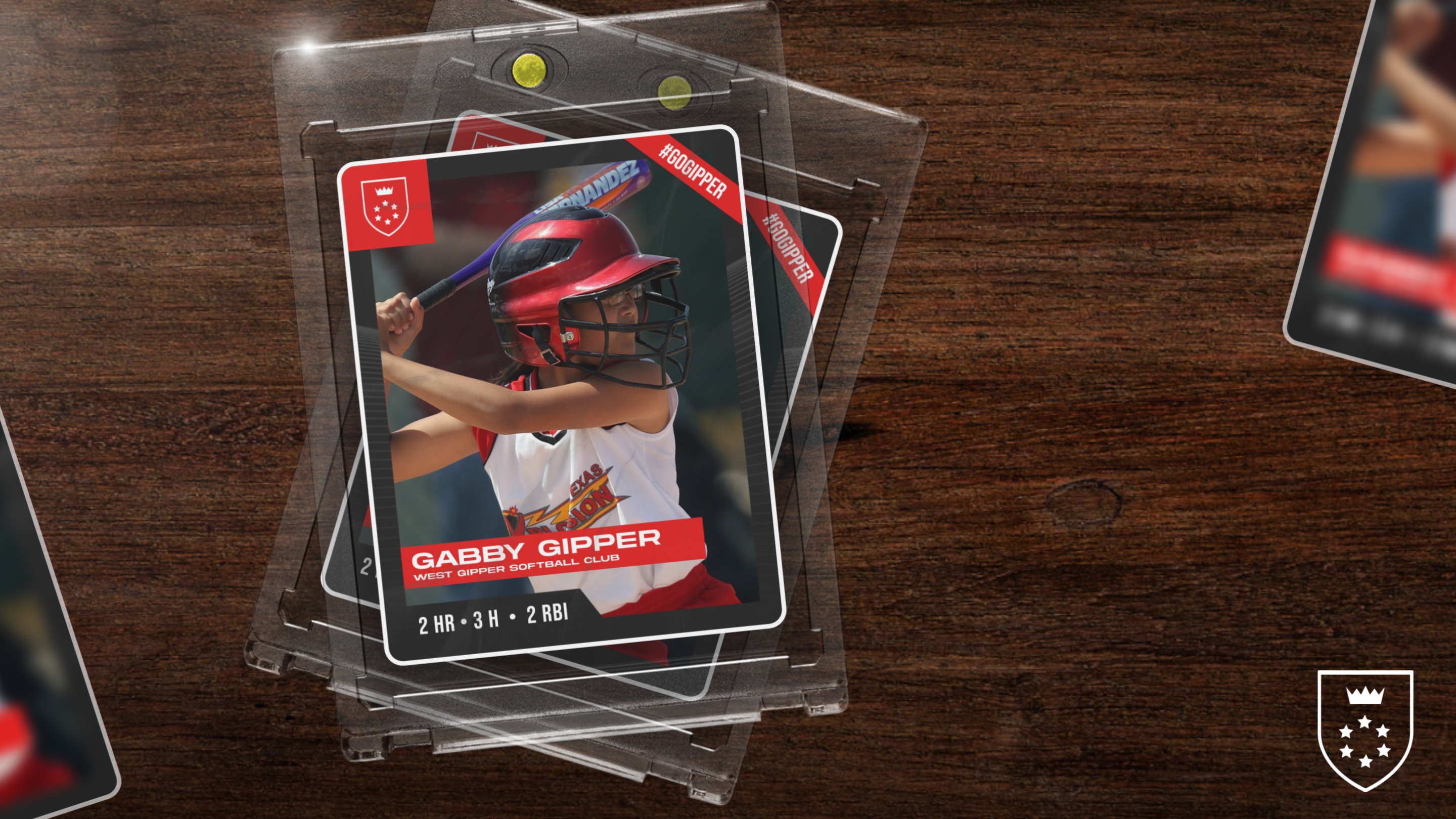 red softball  stat graphic showing a softball card mock up with softball player in action, with graphic content communicating stats from the game