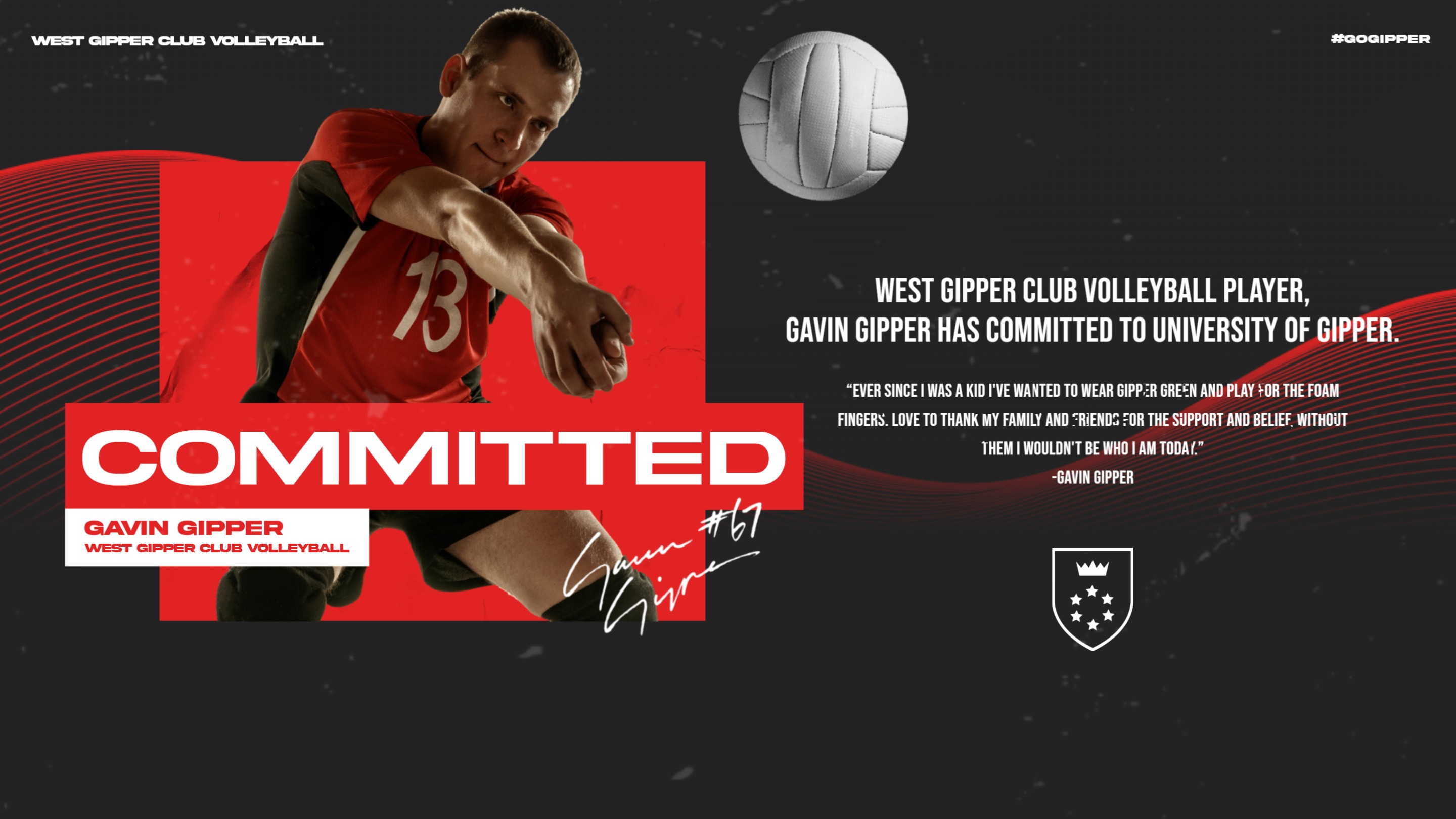 Red volleyball commitment graphic showing a volleyball player in action, with graphic content communicating where they are committing to.
