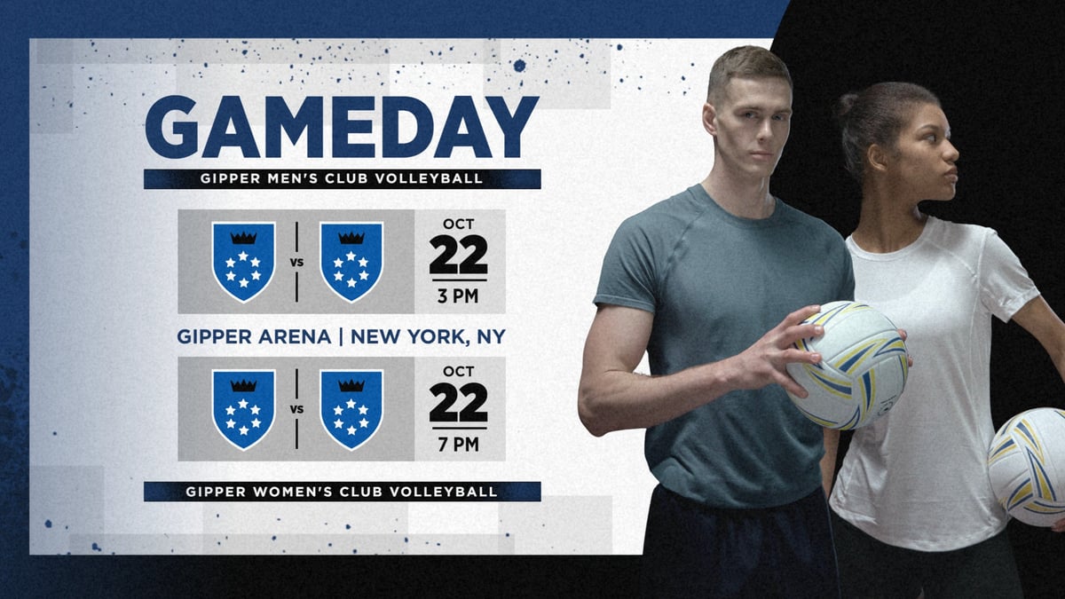 blue and white volleyball gameday graphic showing two volleyball players posed, with graphic content communicating gameday info
