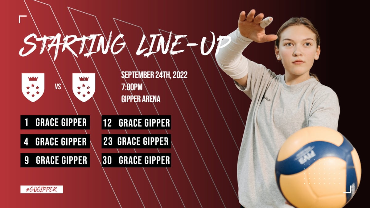 Red volleyball starting lineup graphic showing a volleyball player in action, with graphic content communicating who is starting the match