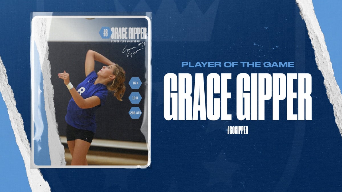blue volleyball player of the game graphic showing a volleyball player in action, with graphic content communicating stats 