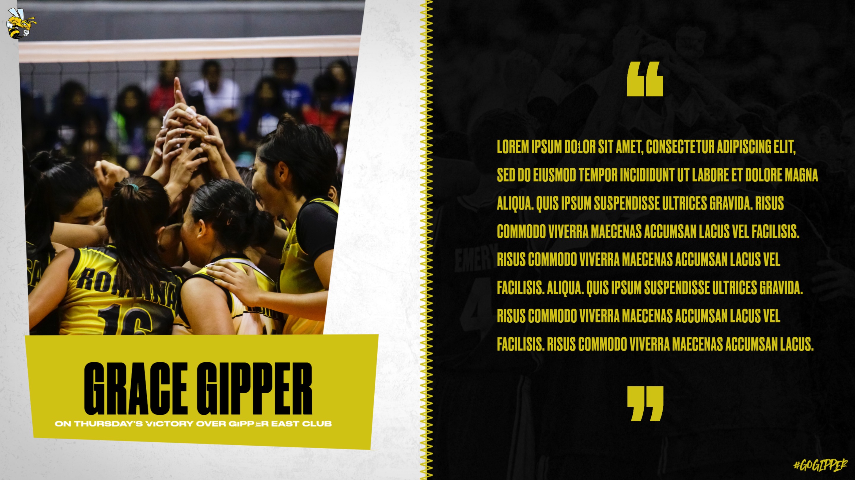 yellow and black volleyball quote graphic showing a volleyball team in action, with graphic content communicating the quote from the game