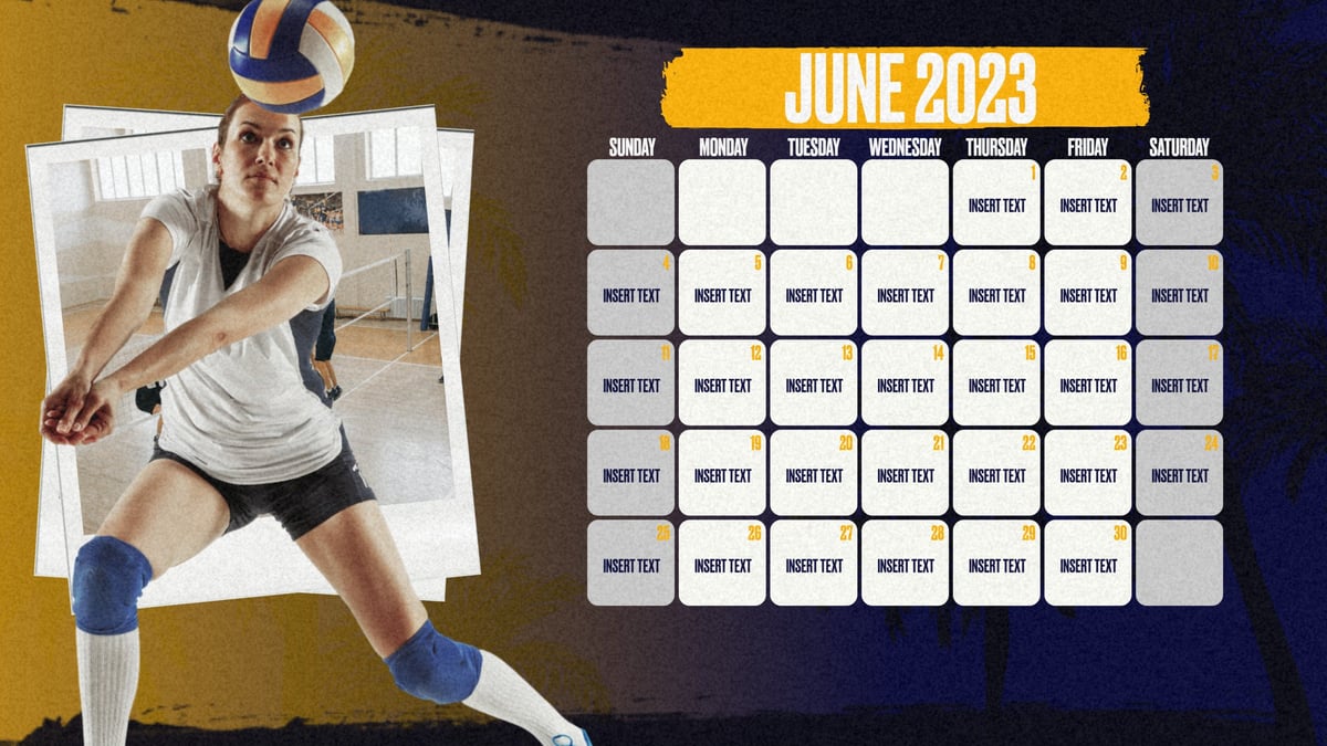 yellow and blue volleyball schedule graphic showing a volleyball player in action, with graphic content communicating schedule of games
