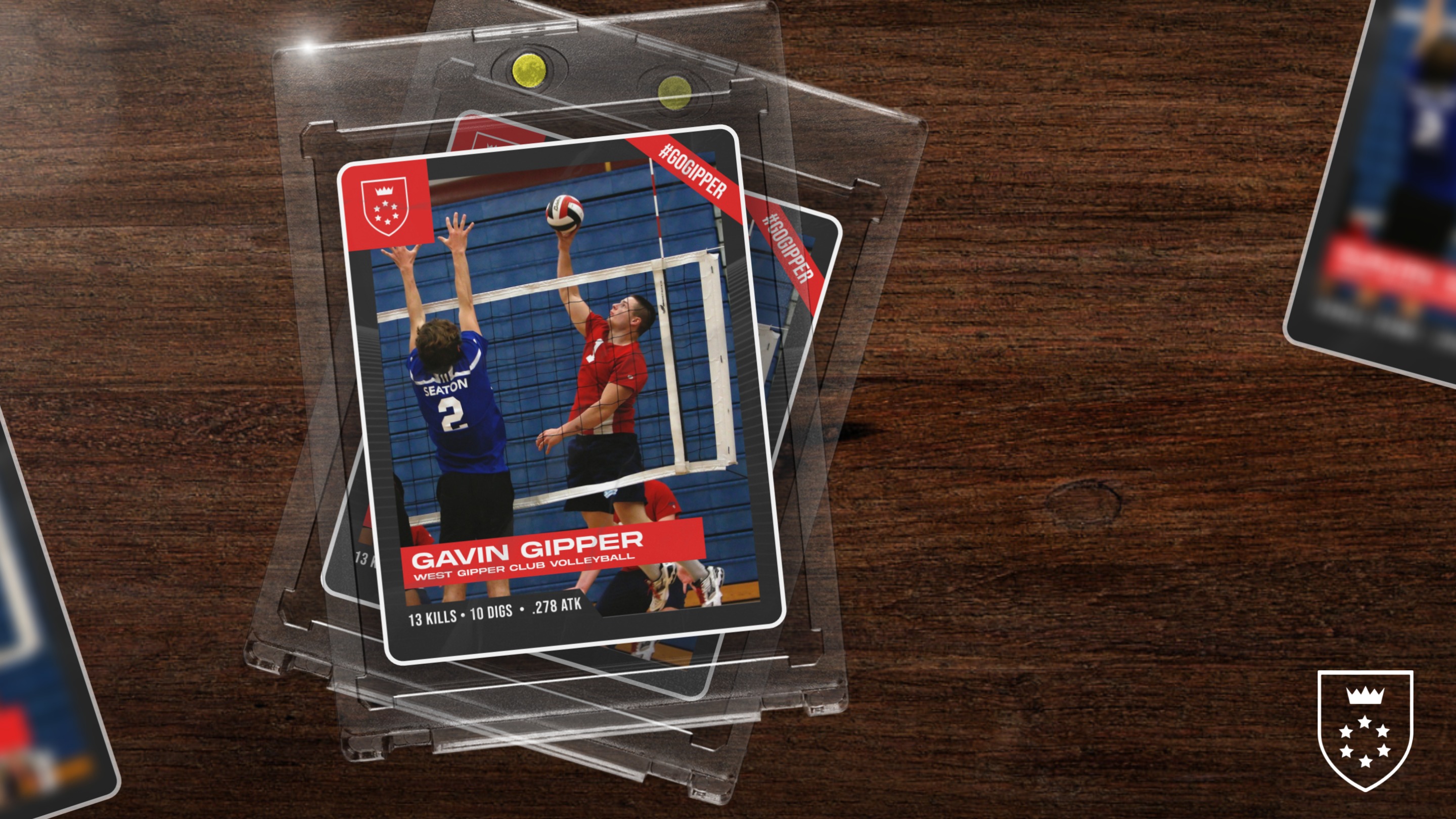 Red volleyball card graphic showing a volleyball player in action, with graphic content communicating stats 