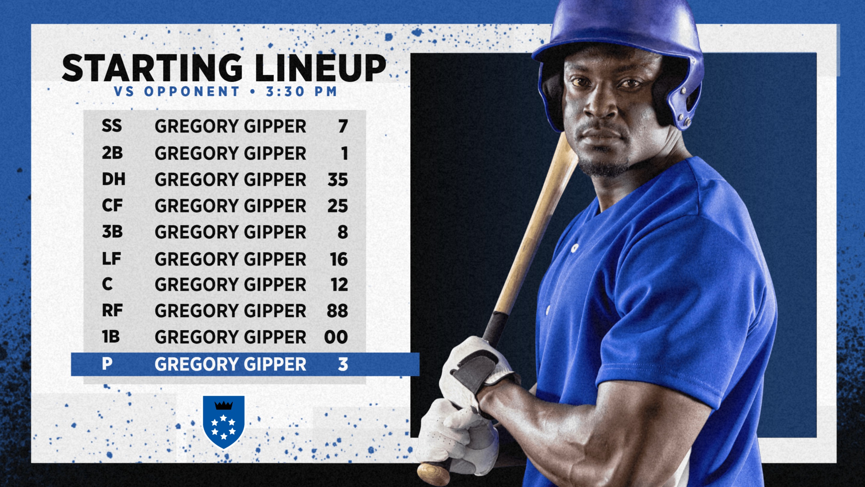 blue & white baseball starting lineup graphic showing a baseball player in posed, with graphic content communicating who the baseball starters are.