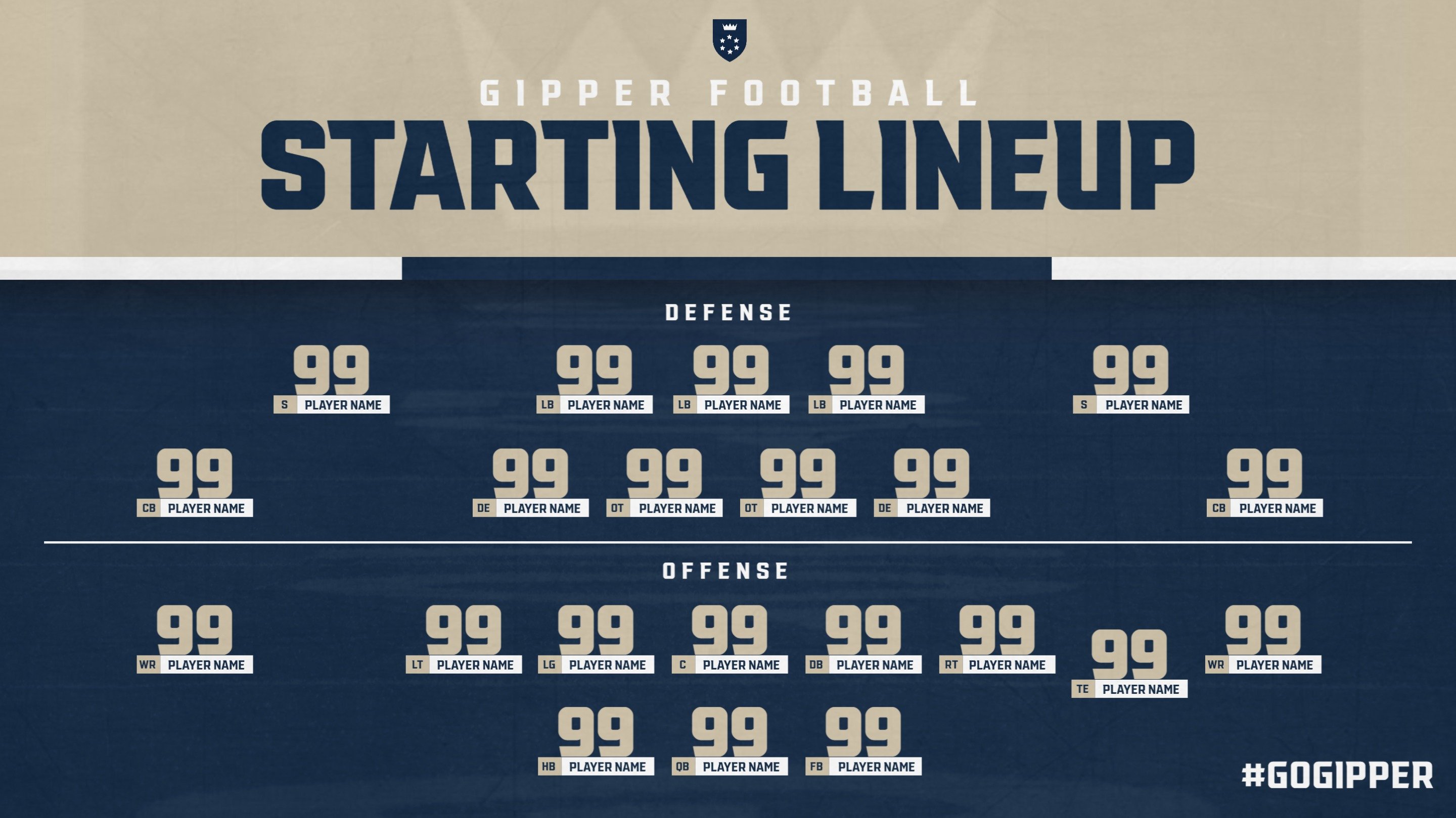 navy & gold football starting lineup graphic showing a depth chart for offense & defense communicating who the football starters are.