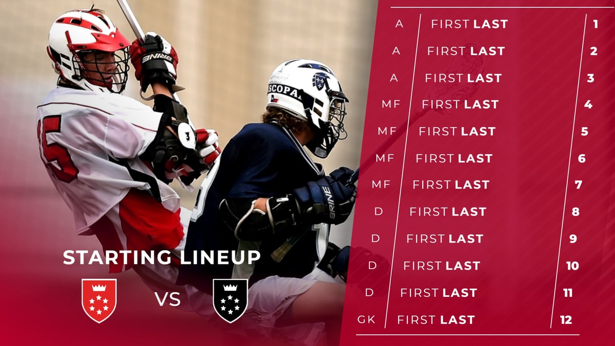 red & white lacrosse starting lineup graphic showing a lacrosse player in action, with graphic content communicating who the lacrosse starters are.