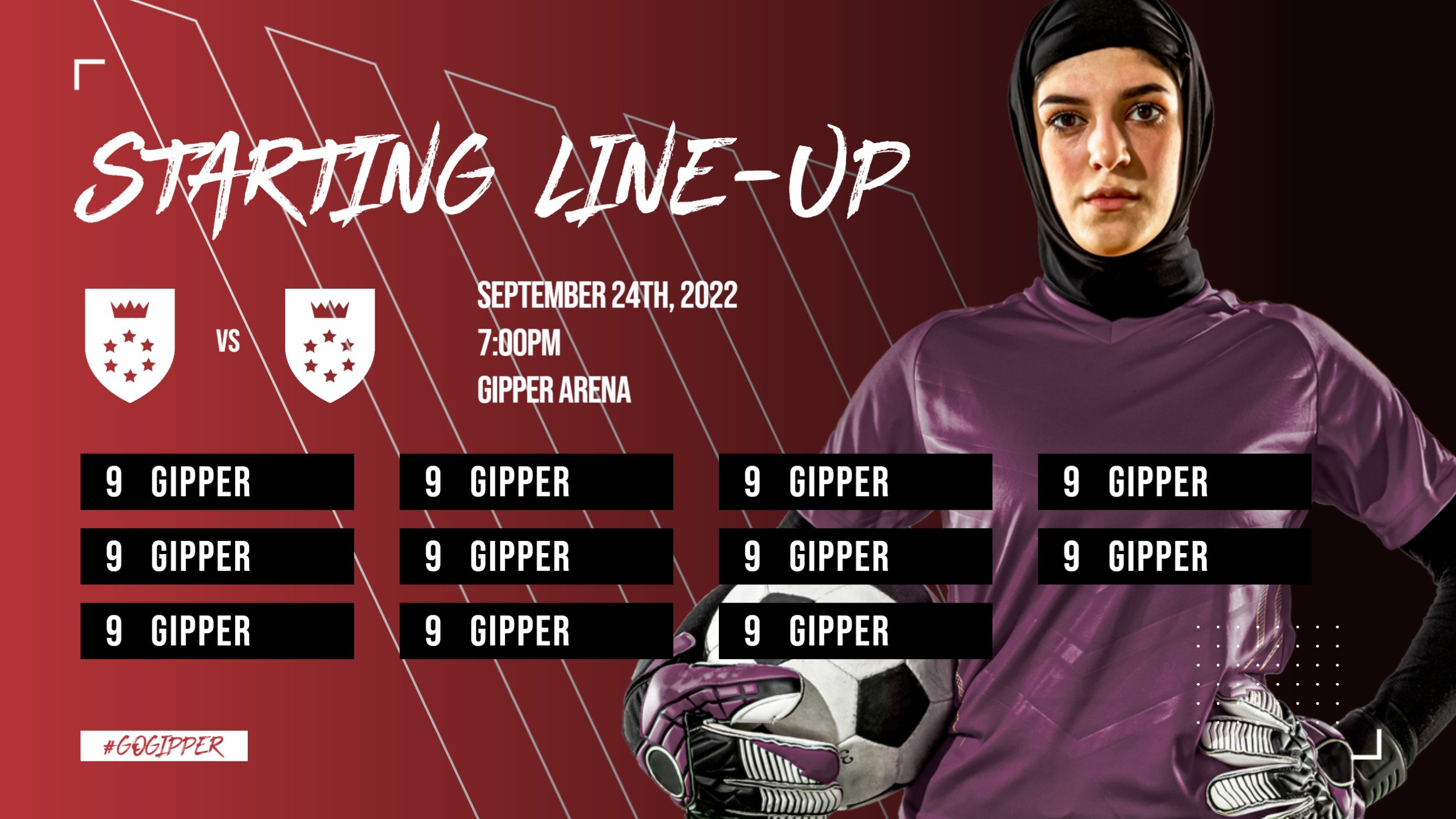 red & black soccer starting lineup graphic showing a soccer player posed, with graphics communicating who the soccer match starters are.