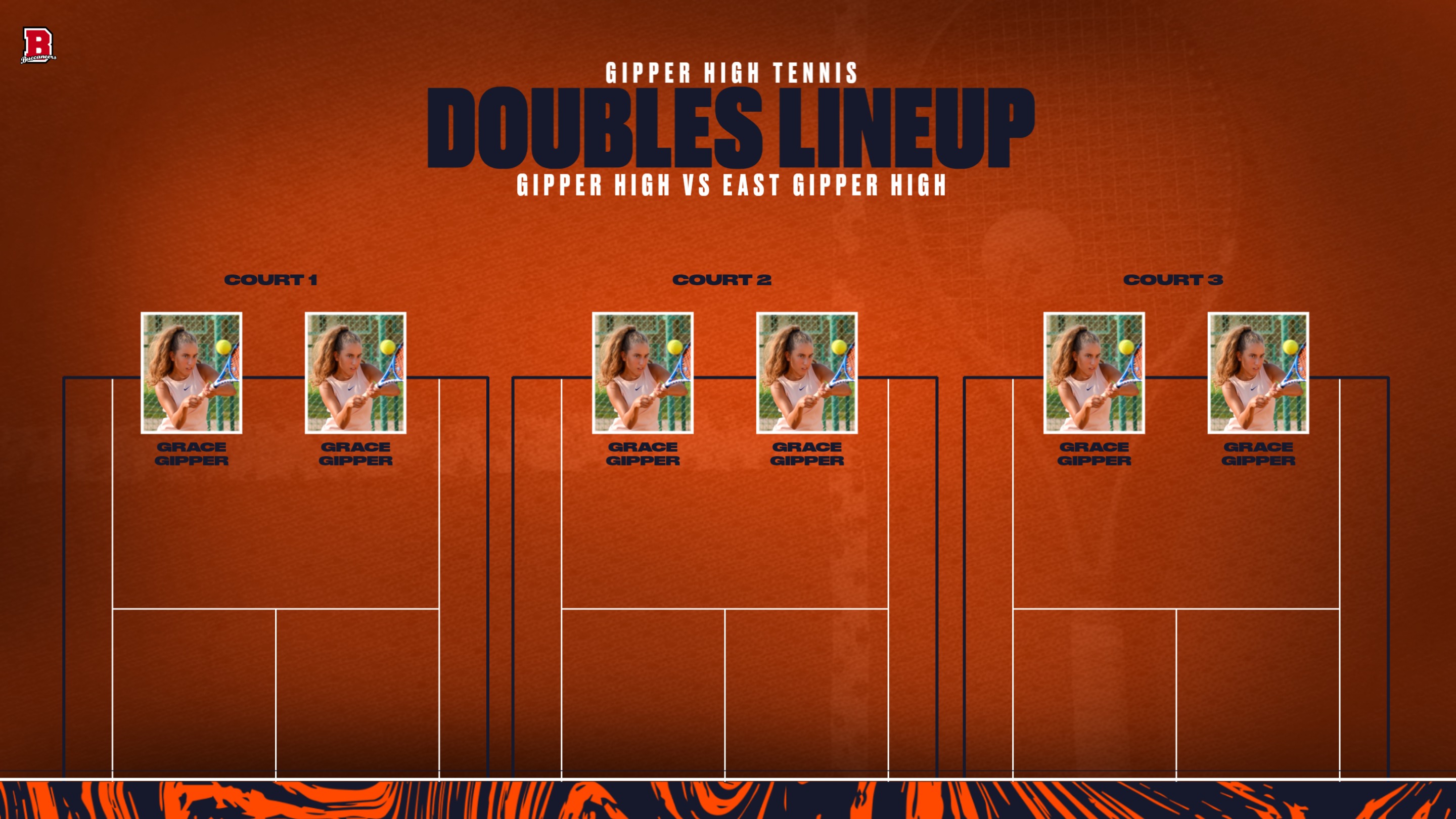 navy & orange tennis starting doubles lineup graphic showing pairs of tennis players, with graphics communicating what court they are on.