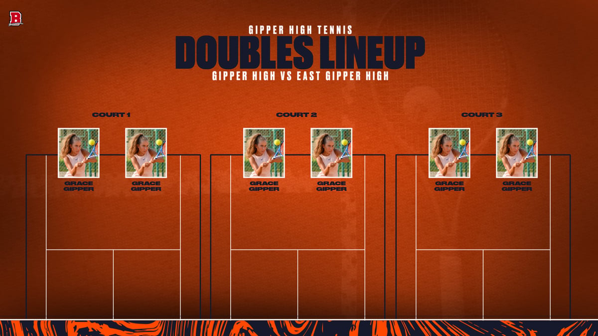 navy & orange tennis starting doubles lineup graphic showing pairs of tennis players, with graphics communicating what court they are on.