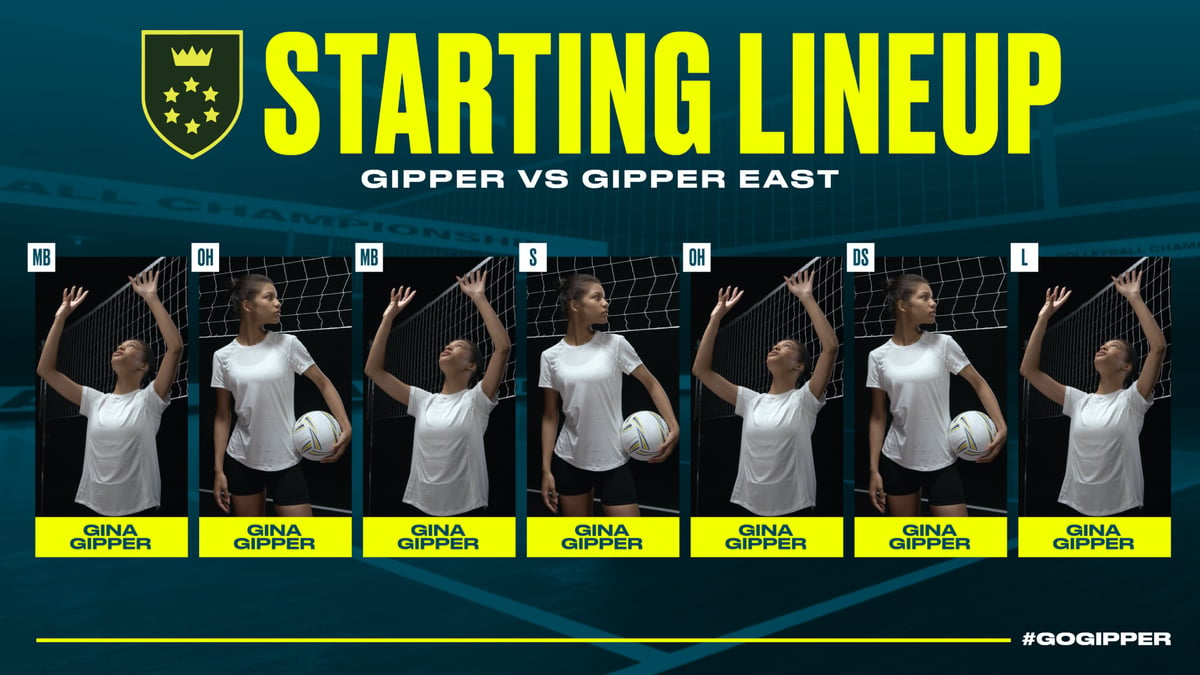 blue & yellow volleyball starting lineup graphic showing a volleyball player posed, with graphics communicating who the volleyball starters are.