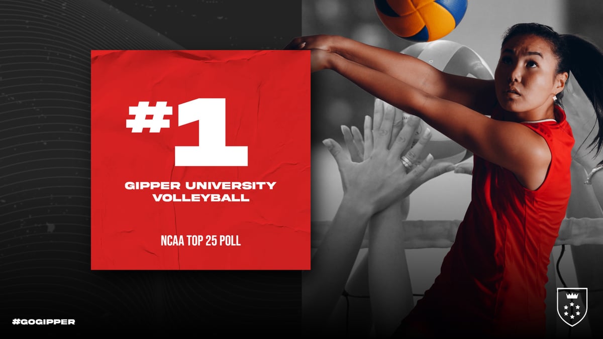 black & red volleyball rankings graphic showing a volleyball player in action, with standings graphic showing #1 rank.
